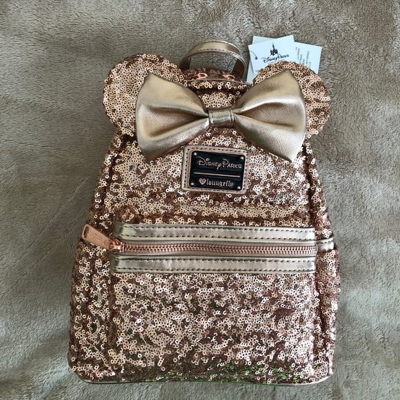 NWT Loungefly Disney Minnie Rose Gold Pink Sequin Mini Backpack Rare Heart Logo - Picture 1 of 8